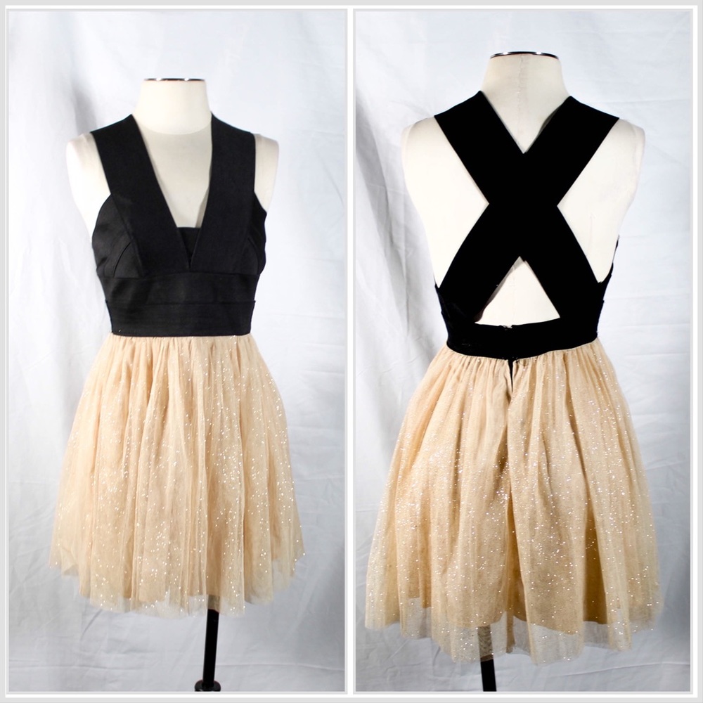 NWOT "Bad Ballerina" Bondage Black Top Style Dress With Tulle Bottom Champagne
